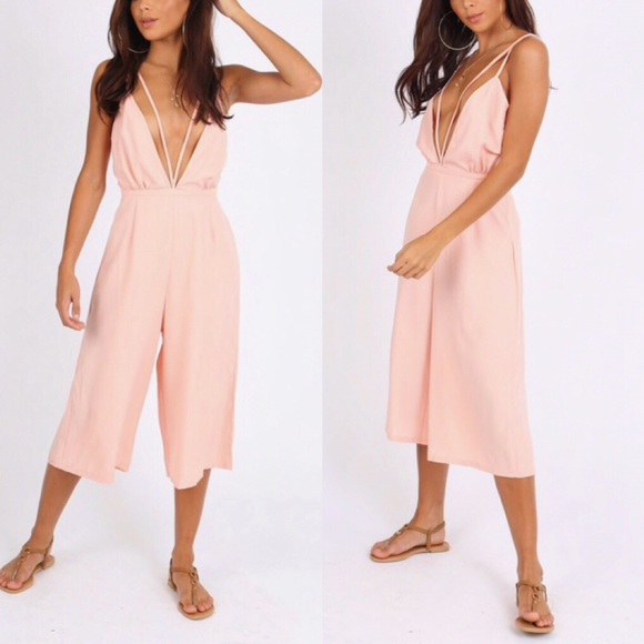 Pants - Pink Deep Plunge Culotte Jumpsuit